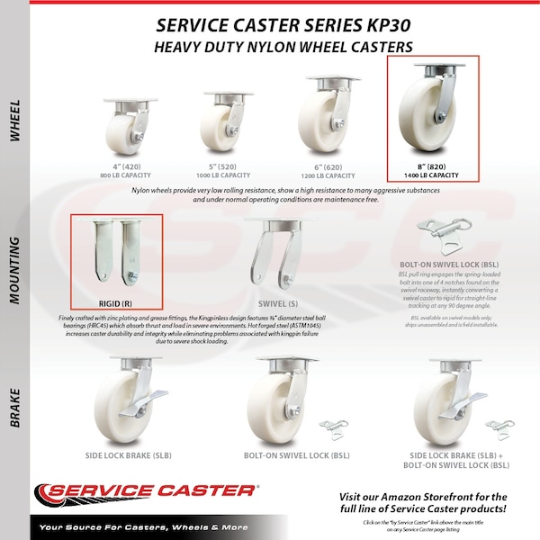 8 Inch Nylon Caster Set with Roller Bearings 2 Brakes 2 Rigid